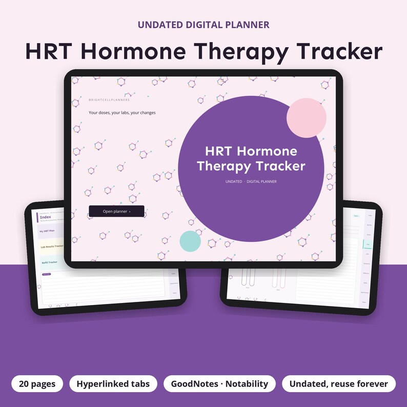 May include: An undated digital HRT Hormone Therapy Tracker planner displayed on three tablet screens. The main screen features a light pink background with chemical structure patterns, a large purple circle, and the text HRT Hormone Therapy Tracker.