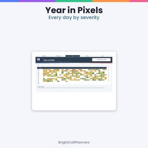 May include: A digital Year in Pixels tracker interface displayed on a screen. The header reads Year in Pixels, Every day by severity. The grid features rows for months and columns for days, filled with colored squares representing daily data.