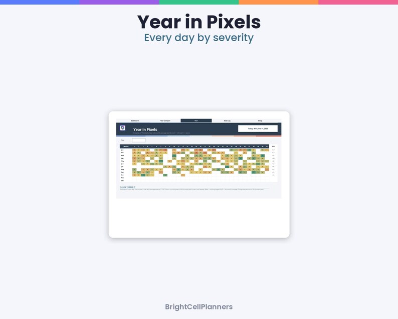 May include: A digital Year in Pixels tracker interface displayed on a screen. The header reads Year in Pixels, Every day by severity. The grid features rows for months and columns for days, filled with colored squares representing daily data.