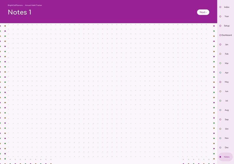 May include: A digital planner page titled Notes 1 with a purple header and a white dot grid background. The right sidebar features navigation tabs for Index, Year, Setup, Dashboard, and months from Jan to Dec, with a selected Notes tab at the bottom.