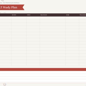 May include: A digital planner page titled MCAT Study Plan with a red header and a dark brown table featuring columns for week, section, topics, practice set, score, and weak areas. A notes section is at the bottom with a red header.
