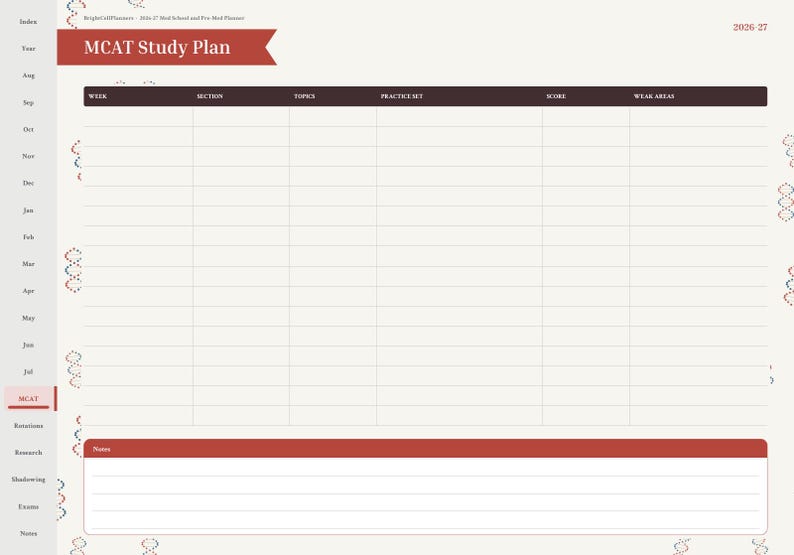 May include: A digital planner page titled MCAT Study Plan with a red header and a dark brown table featuring columns for week, section, topics, practice set, score, and weak areas. A notes section is at the bottom with a red header.