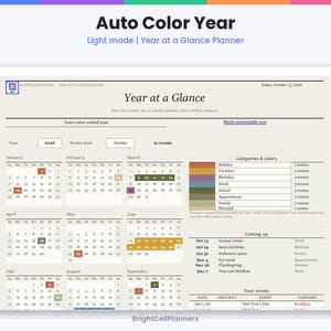 K&ouml;nnte beinhalten: Eine digitale Jahres&uuml;bersicht-Planervorlage mit hellbeigem Hintergrund. Das Layout enth&auml;lt einen 12-Monats-Kalender f&uuml;r 2026, eine farbcodierte Kategorienlegende, einen Bereich f&uuml;r anstehende Termine und eine Veranstaltungsliste.