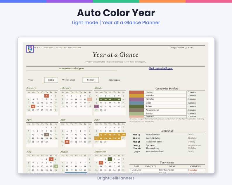 K&ouml;nnte beinhalten: Eine digitale Jahres&uuml;bersicht-Planervorlage mit hellbeigem Hintergrund. Das Layout enth&auml;lt einen 12-Monats-Kalender f&uuml;r 2026, eine farbcodierte Kategorienlegende, einen Bereich f&uuml;r anstehende Termine und eine Veranstaltungsliste.