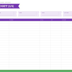 Puede incluir: Una p&aacute;gina de planificador de presupuesto digital titulada BUDGET (1/4) con un encabezado morado, que presenta secciones para Money In, Spent, Saved y Left Over. El dise&ntilde;o incluye una tabla con columnas para Source, Planned, Actual, Diff, Category y Paid.