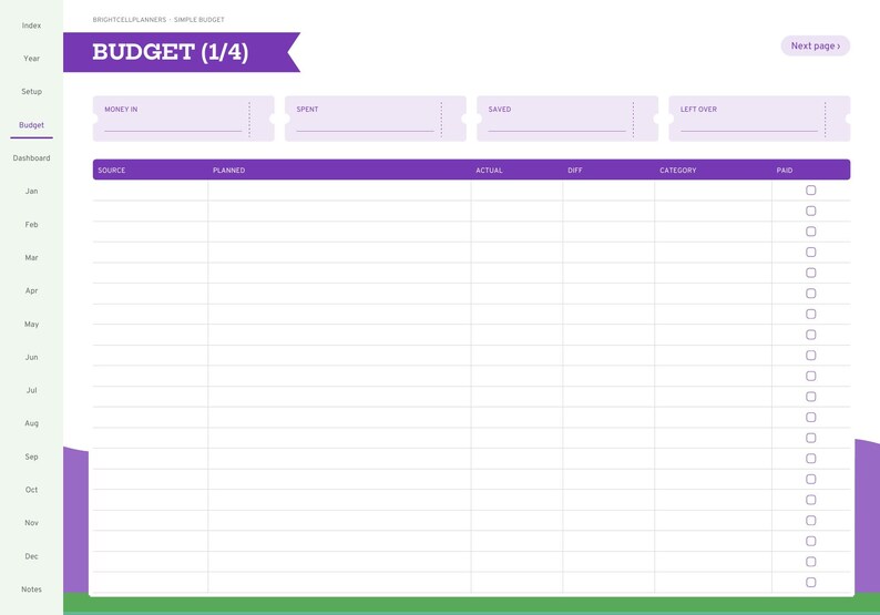 Puede incluir: Una p&aacute;gina de planificador de presupuesto digital titulada BUDGET (1/4) con un encabezado morado, que presenta secciones para Money In, Spent, Saved y Left Over. El dise&ntilde;o incluye una tabla con columnas para Source, Planned, Actual, Diff, Category y Paid.