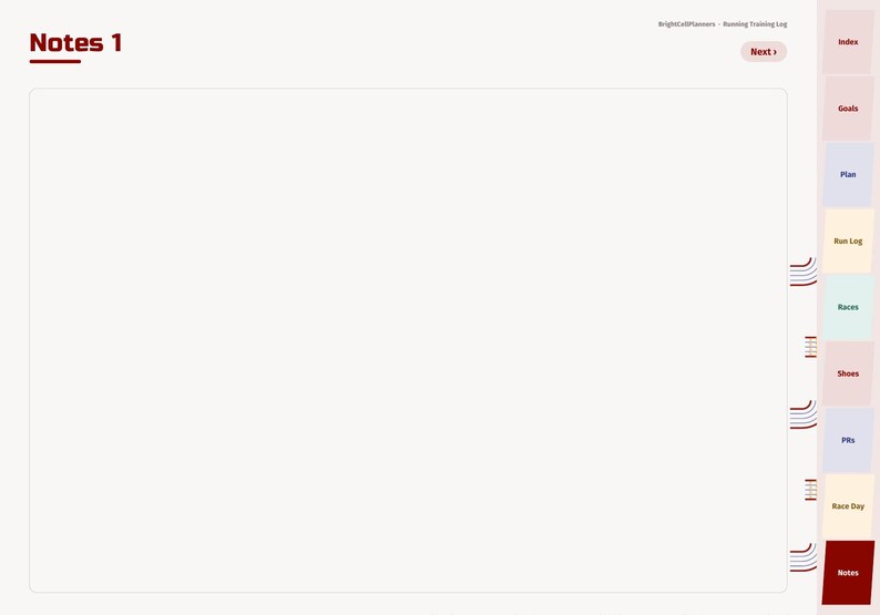 May include: A digital planner page titled Notes 1 with a large blank white central area. The right side features a vertical navigation bar with tabs labeled Index, Goals, Plan, Run Log, Races, Shoes, PRs, Race Day, and Notes in a dark red box.