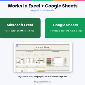 K&ouml;nnte beinhalten: Eine digitale Planervorlage mit dem Titel Year at a Glance, kompatibel mit Microsoft Excel 2016+ und Google Sheets. Die Benutzeroberfl&auml;che bietet ein Kalenderlayout mit farbcodierten Kategorien, Datumsfeldern und einem Zusammenfassungsbereich f&uuml;r Aufgaben.