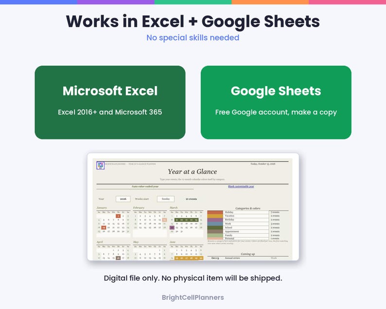 K&ouml;nnte beinhalten: Eine digitale Planervorlage mit dem Titel Year at a Glance, kompatibel mit Microsoft Excel 2016+ und Google Sheets. Die Benutzeroberfl&auml;che bietet ein Kalenderlayout mit farbcodierten Kategorien, Datumsfeldern und einem Zusammenfassungsbereich f&uuml;r Aufgaben.