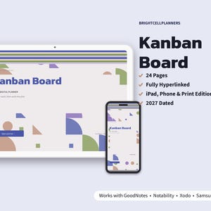 May include: A digital Kanban Board planner displayed on a tablet and smartphone. The interface features geometric shapes in purple, green, and tan. Text includes "Kanban Board," "2027 - DIGITAL PLANNER," "24 Pages," "Fully Hyperlinked," and "2027 Dated."