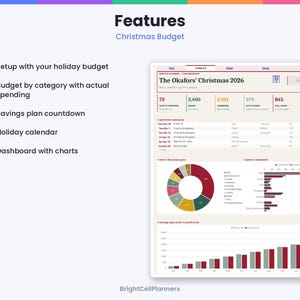 May include: A digital Christmas budget planner dashboard titled The Okafors' Christmas 2026. It features a summary of budget, committed, and spent funds, a payment schedule, a colorful pie chart, a bar graph, and a savings progress chart.