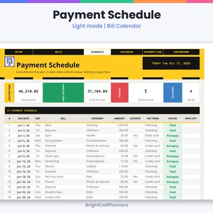 K&ouml;nnte beinhalten: Eine digitale Zahlungsplan-Tabelle im Light-Modus. Die Kopfzeile zeigt Payment Schedule, Bill Calendar und Today Tue Oct 13, 2026. Sie enth&auml;lt Zusammenfassungsfelder f&uuml;r Rechnungen, Status und eine detaillierte Tabelle mit F&auml;lligkeitsdaten.