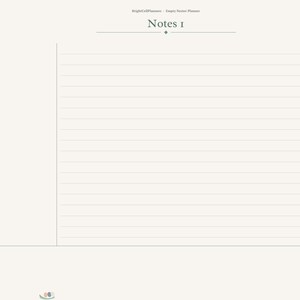 May include: A digital planner page titled Notes 1 with a light beige background. The layout features a left-hand navigation sidebar with circular icons, a main lined writing area, and a Summary section at the bottom. The text BrightCellPlanners - Empty Series Planner appears at the top.