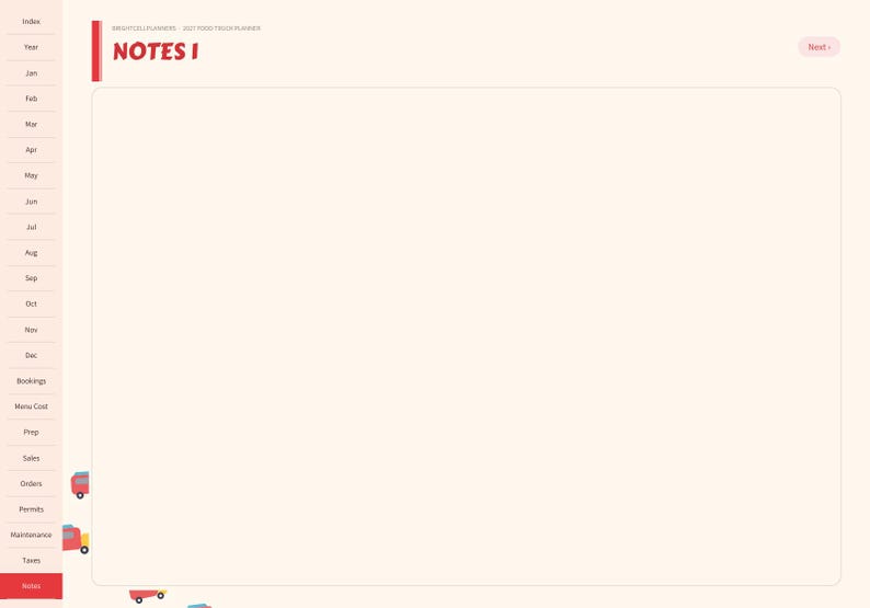 May include: A digital planner page with a cream background featuring the text NOTES I in red. A vertical sidebar on the left lists categories including Index, Year, Jan through Dec, Bookings, Menu Cost, Prep, Sales, Orders, Permits, Maintenance, and Taxes.