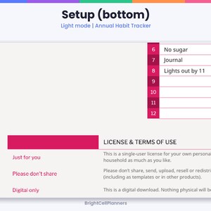 May include: A digital annual habit tracker template in light mode. The top section displays a numbered list with entries like No sugar, Journal, and Lights out by 11. The bottom section contains License & Terms of Use text.