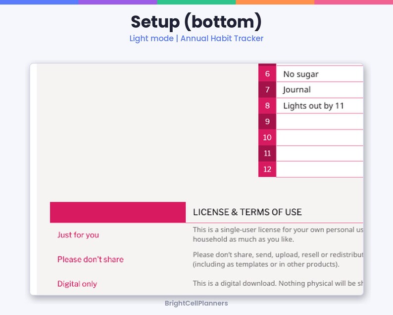 May include: A digital annual habit tracker template in light mode. The top section displays a numbered list with entries like No sugar, Journal, and Lights out by 11. The bottom section contains License & Terms of Use text.
