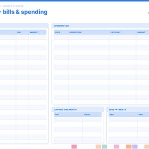 May include: A digital budget planner page for January 2027 titled Bills & Spending. It features a Bills Checklist, a Spending Log, a Savings This Month section, and a Debt Payments section. A vertical navigation tab menu is on the right side.