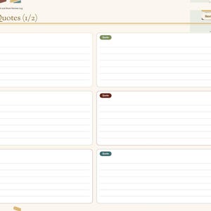 May include: A digital reading journal page titled Favorite Quotes (1/2) featuring six lined rectangular boxes for writing. Each box has a small colored label reading Quote. A vertical navigation sidebar lists sections including Index, Reading, Challenge, Bingo, Reviews, TBR, Series, Quotes, Wrap-up, Wishlist, and Notes.