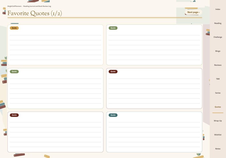 May include: A digital reading journal page titled Favorite Quotes (1/2) featuring six lined rectangular boxes for writing. Each box has a small colored label reading Quote. A vertical navigation sidebar lists sections including Index, Reading, Challenge, Bingo, Reviews, TBR, Series, Quotes, Wrap-up, Wishlist, and Notes.