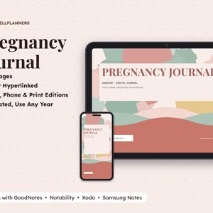 Może przedstawiać: Cyfrowy dziennik ciążowy wyświetlany na ekranie tabletu i smartfona. Interfejs zawiera abstrakcyjne, faliste kształty w stonowanych odcieniach r&oacute;żu, zieleni i ż&oacute;łci. Tekst zawiera "Pregnancy Journal", "26 Pages" oraz "Undated".