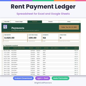 Puede incluir: Una hoja de c&aacute;lculo digital Rent Payment Ledger para Excel y Google Sheets. La interfaz presenta un encabezado verde oscuro con el texto Payments, Today Tue, Oct 13, 2025, y una tabla que enumera fechas de pago, nombres de inquilinos y montos.