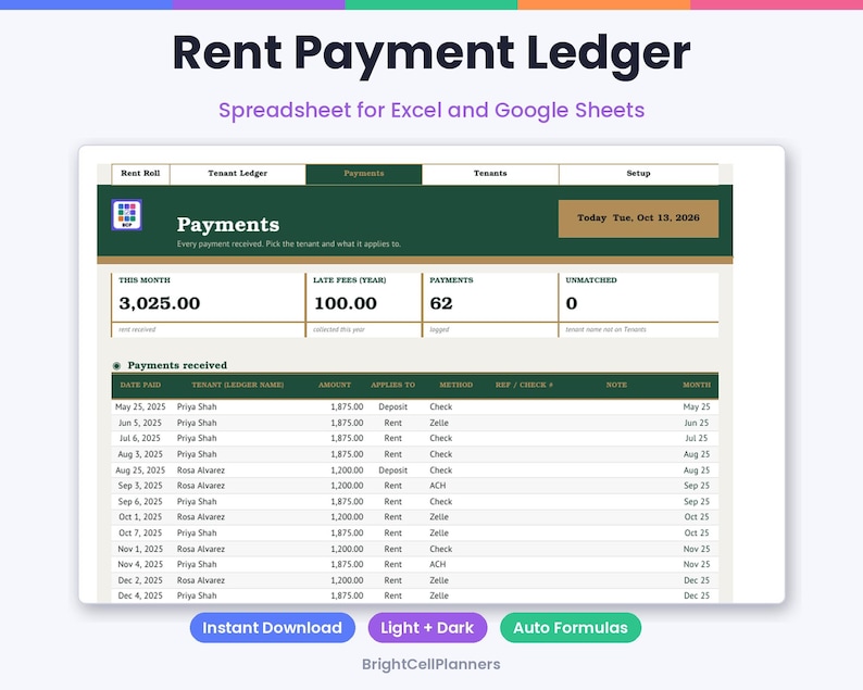 Puede incluir: Una hoja de c&aacute;lculo digital Rent Payment Ledger para Excel y Google Sheets. La interfaz presenta un encabezado verde oscuro con el texto Payments, Today Tue, Oct 13, 2025, y una tabla que enumera fechas de pago, nombres de inquilinos y montos.
