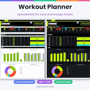 May include: A digital workout planner spreadsheet for Excel and Google Sheets featuring light and dark mode interfaces. The dashboard displays a scoreboard with metrics, weekly progress tables, bar charts, and a colorful pie chart for muscle groups.