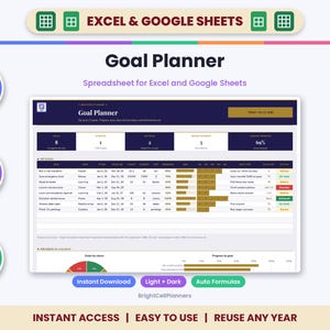Puede incluir: Una hoja de c&aacute;lculo de planificador de objetivos para Excel y Google Sheets con un encabezado azul oscuro que muestra m&eacute;tricas de seguimiento, una tabla para objetivos, categor&iacute;as, fechas y barras de progreso, y una columna de estado con etiquetas de colores.