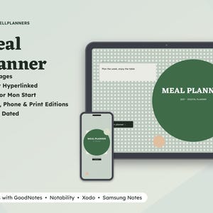 May include: A digital meal planner displayed on a tablet and smartphone screen. The interface features a light green grid background, a large dark green circle, and the text Meal Planner 2027 Digital Planner. Includes 29 pages, hyperlinks, and compatibility notes.