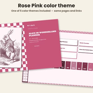 May include: A digital planner with a rose pink color theme featuring an Alice in Wonderland illustration of a rabbit. The interface includes text reading Alice in Wonderland Planner, Weekly Planner, Habit Tracker, and a calendar for June to December.