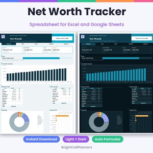 May include: A Net Worth Tracker spreadsheet for Excel and Google Sheets featuring light and dark mode dashboard views. The interface displays financial data, bar charts, and pie charts with the text Net Worth, BrightCellPlanners.