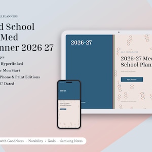 May include: A digital planner displayed on a tablet and smartphone screen, titled 2026-27 Med School Planner. The interface features a blue and cream color scheme with DNA strand graphics, text details, and a list of features including 37 pages.
