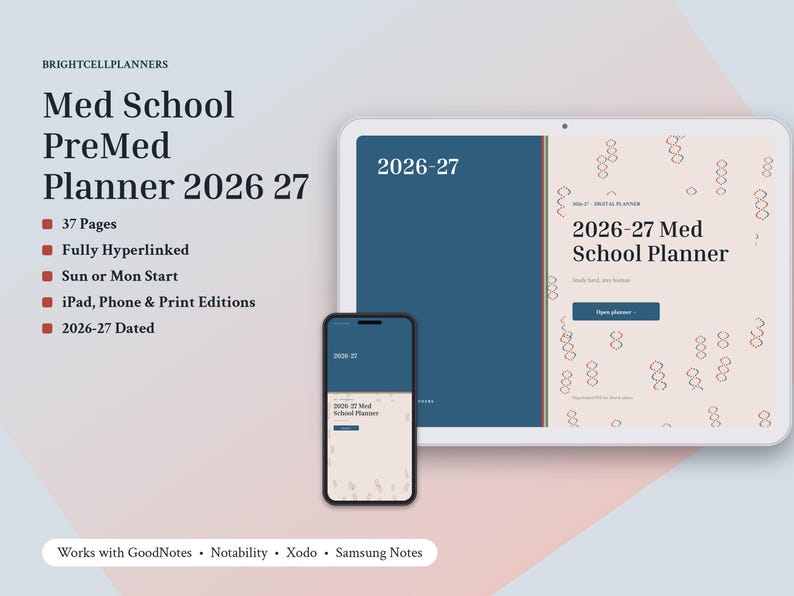 May include: A digital planner displayed on a tablet and smartphone screen, titled 2026-27 Med School Planner. The interface features a blue and cream color scheme with DNA strand graphics, text details, and a list of features including 37 pages.
