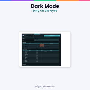 May include: A digital assessment report interface featuring a dark mode color scheme with teal accents. The screen displays structured data tables, text labels, and a header reading Dark Mode Easy on the eyes and BrightCellPlanners.