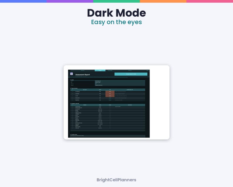 May include: A digital assessment report interface featuring a dark mode color scheme with teal accents. The screen displays structured data tables, text labels, and a header reading Dark Mode Easy on the eyes and BrightCellPlanners.