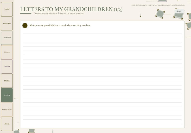 May include: A digital journal page titled Letters to My Grandchildren (1/3) with a prompt reading A letter to my grandchildren, to read whenever they need me. The layout features a left-hand navigation menu with tabs including Index, About Me, Childhood, History, Lessons, Photos, Letters, Family Tree, and Notes.