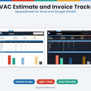 May include: HVAC Estimate and Invoice Tracker spreadsheet for Excel and Google Sheets. The interface displays a Job Board with financial data, status tables, and bar charts in both light and dark mode themes with auto formulas.