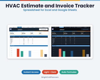Puede incluir: Hoja de cálculo HVAC Estimate and Invoice Tracker para Excel y Google Sheets. La interfaz muestra un panel de control con datos financieros, tablas de estado y gráficos de barras en modos claro y oscuro con fórmulas.