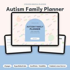 May include: A digital planner displayed on three tablet screens. The main screen features the text Autism Family Planner, Undated Digital Planner, and Open planner. The background has a light peach color with small, colorful, scattered circles.