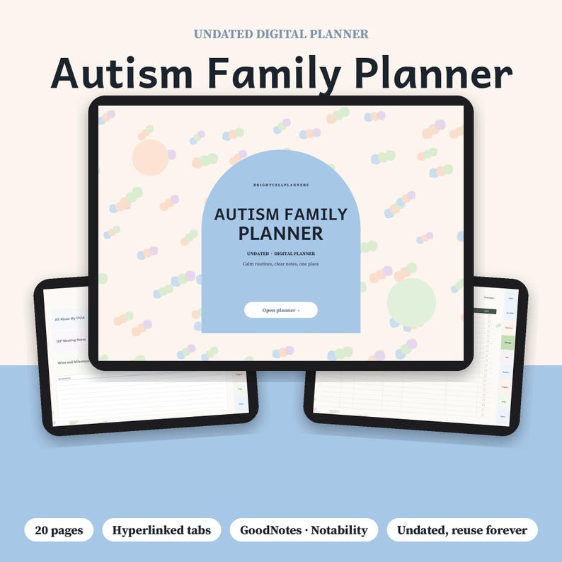 May include: A digital planner displayed on three tablet screens. The main screen features the text Autism Family Planner, Undated Digital Planner, and Open planner. The background has a light peach color with small, colorful, scattered circles.