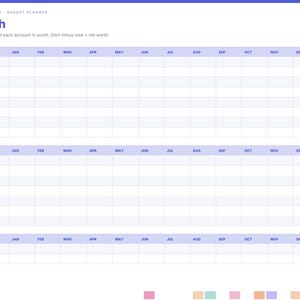 May include: A digital net worth budget planner page for 2027 with a purple header titled Net Worth. It includes tables for What You Own, What You Owe, and Net Worth, with monthly columns from Jan to Dec and a sidebar with color-coded navigation tabs.