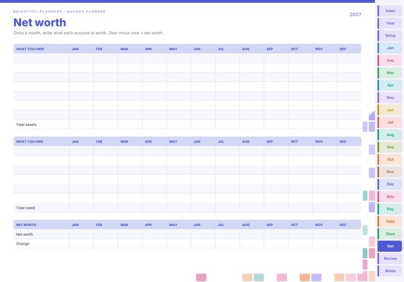 May include: A digital net worth budget planner page for 2027 with a purple header titled Net Worth. It includes tables for What You Own, What You Owe, and Net Worth, with monthly columns from Jan to Dec and a sidebar with color-coded navigation tabs.