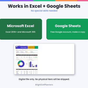 Puede incluir: Una plantilla de planificador de presupuesto digital compatible con Microsoft Excel 2016+ y Google Sheets. El gr&aacute;fico muestra el texto Works in Excel + Google Sheets, No special skills needed, y una vista previa de un panel de control financiero.
