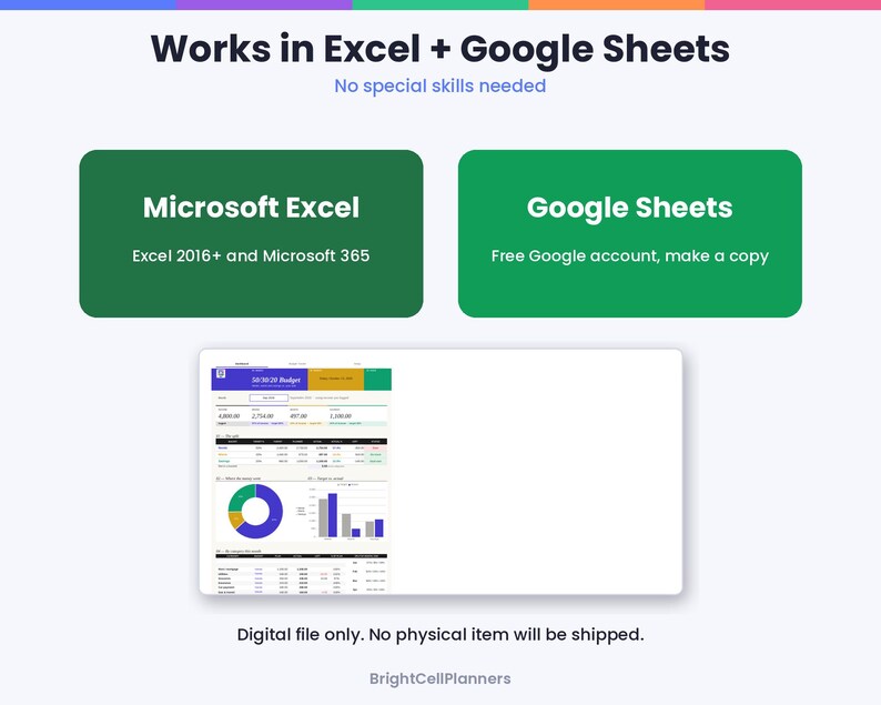 Puede incluir: Una plantilla de planificador de presupuesto digital compatible con Microsoft Excel 2016+ y Google Sheets. El gr&aacute;fico muestra el texto Works in Excel + Google Sheets, No special skills needed, y una vista previa de un panel de control financiero.