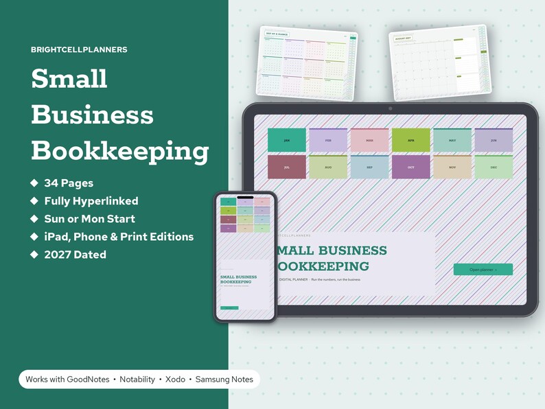 2027 Digital Small Business Bookkeeping, Tablet Small Business Bookkeeping PDF, Hyperlinked Planner, Income, Expenses, Mileage image 1