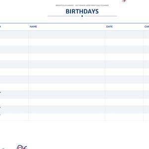 May include: A digital planner page titled BIRTHDAYS with a table featuring columns for Month, Name, Date, and Card Sent. The left side displays a vertical navigation menu with tabs for Index, Year, months, and sections like Medications and Notes.