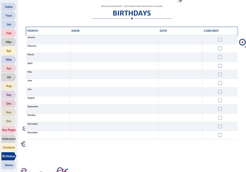 May include: A digital planner page titled BIRTHDAYS with a table featuring columns for Month, Name, Date, and Card Sent. The left side displays a vertical navigation menu with tabs for Index, Year, months, and sections like Medications and Notes.