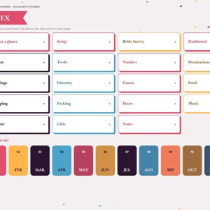 Może przedstawiać: Cyfrowy interfejs planera wieczoru panieńskiego ze stroną indeksu zawierającą klikalne kafelki dla Year at a glance, Setup, Bride Survey, Dashboard, Budget, To-do, Vendors, Destinations, Bookings, Itinerary, Guests, Food, Shopping, Packing, Decor, Music, Shotlist, Gifts oraz Notes.