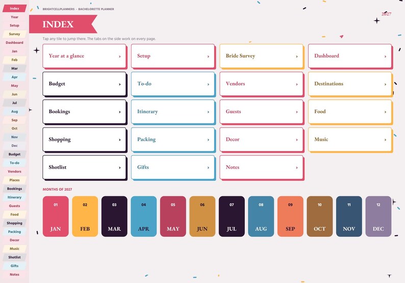 Może przedstawiać: Cyfrowy interfejs planera wieczoru panieńskiego ze stroną indeksu zawierającą klikalne kafelki dla Year at a glance, Setup, Bride Survey, Dashboard, Budget, To-do, Vendors, Destinations, Bookings, Itinerary, Guests, Food, Shopping, Packing, Decor, Music, Shotlist, Gifts oraz Notes.