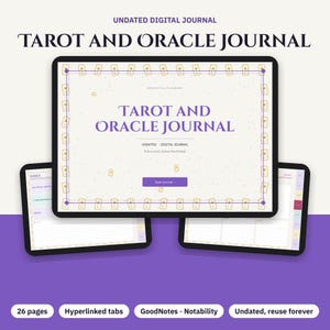 May include: An undated digital journal titled Tarot and Oracle Journal displayed on three tablet screens. The interface features a cream background with a border of small card icons, purple text, and a purple button labeled Open journal.
